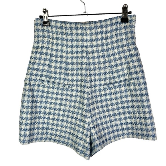 Zara Blue & White Houndstooth Plaid High Rise Tweed Shorts S - Picture 3 of 4